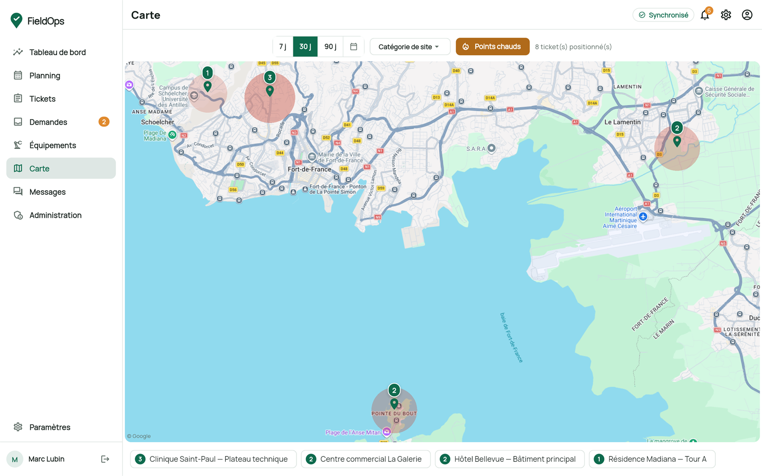 Carte des interventions avec marqueurs par site et points chauds