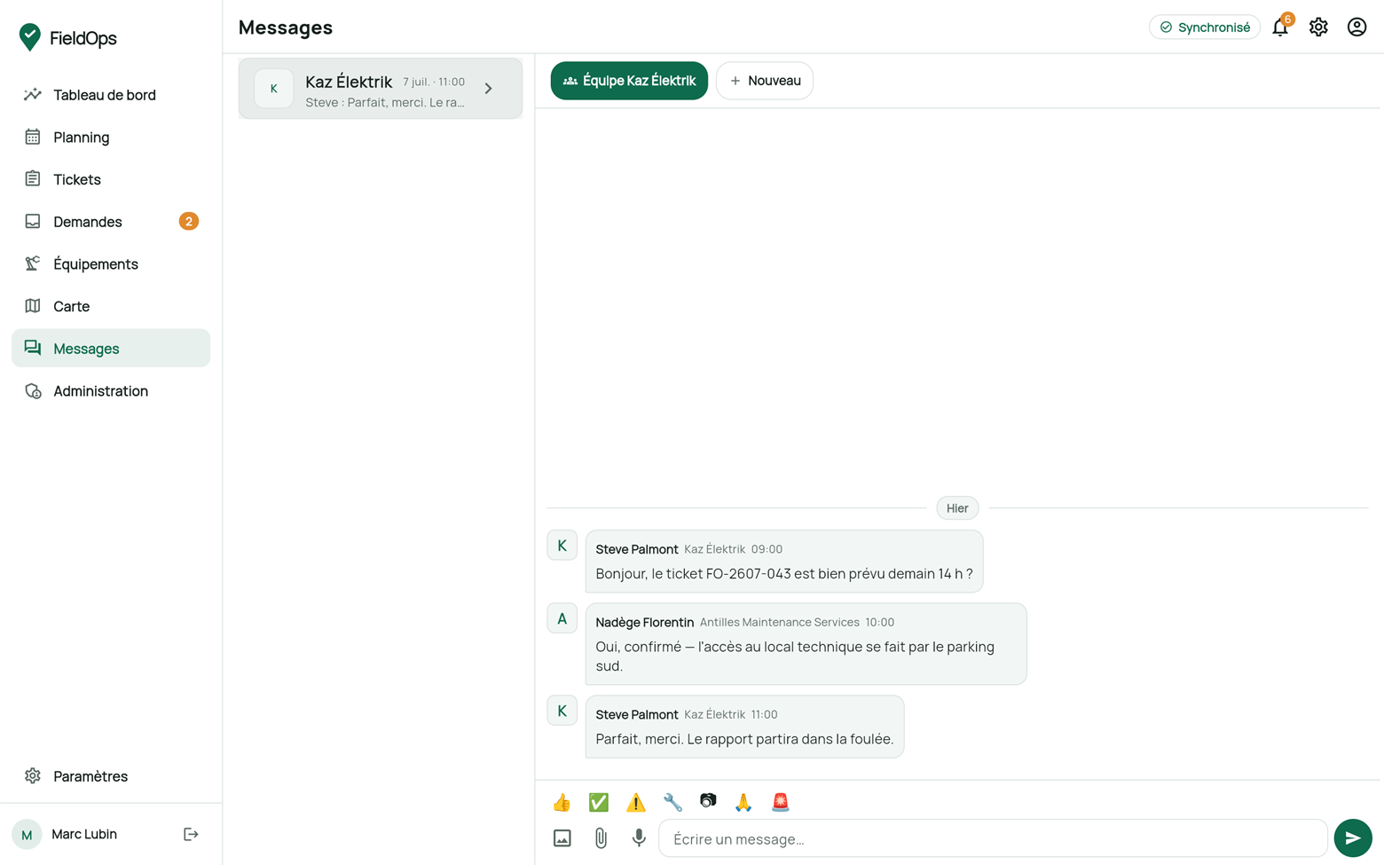 Messagerie FieldOps avec une conversation par entreprise partenaire