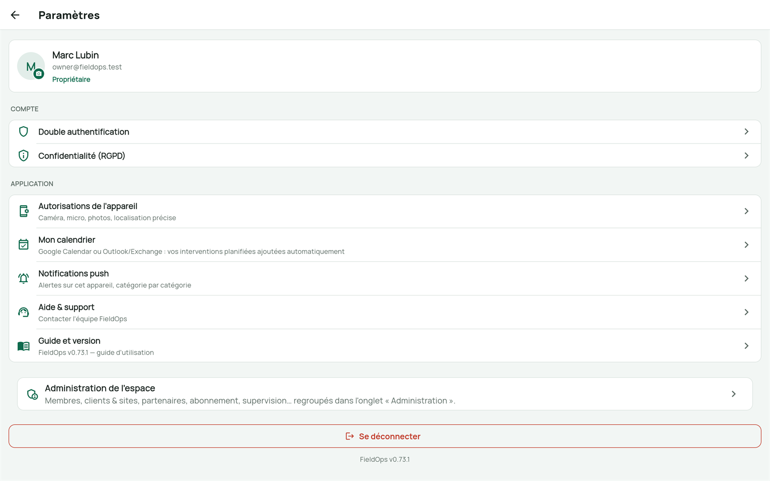 Écran Paramètres de FieldOps : compte, application, espace de travail
