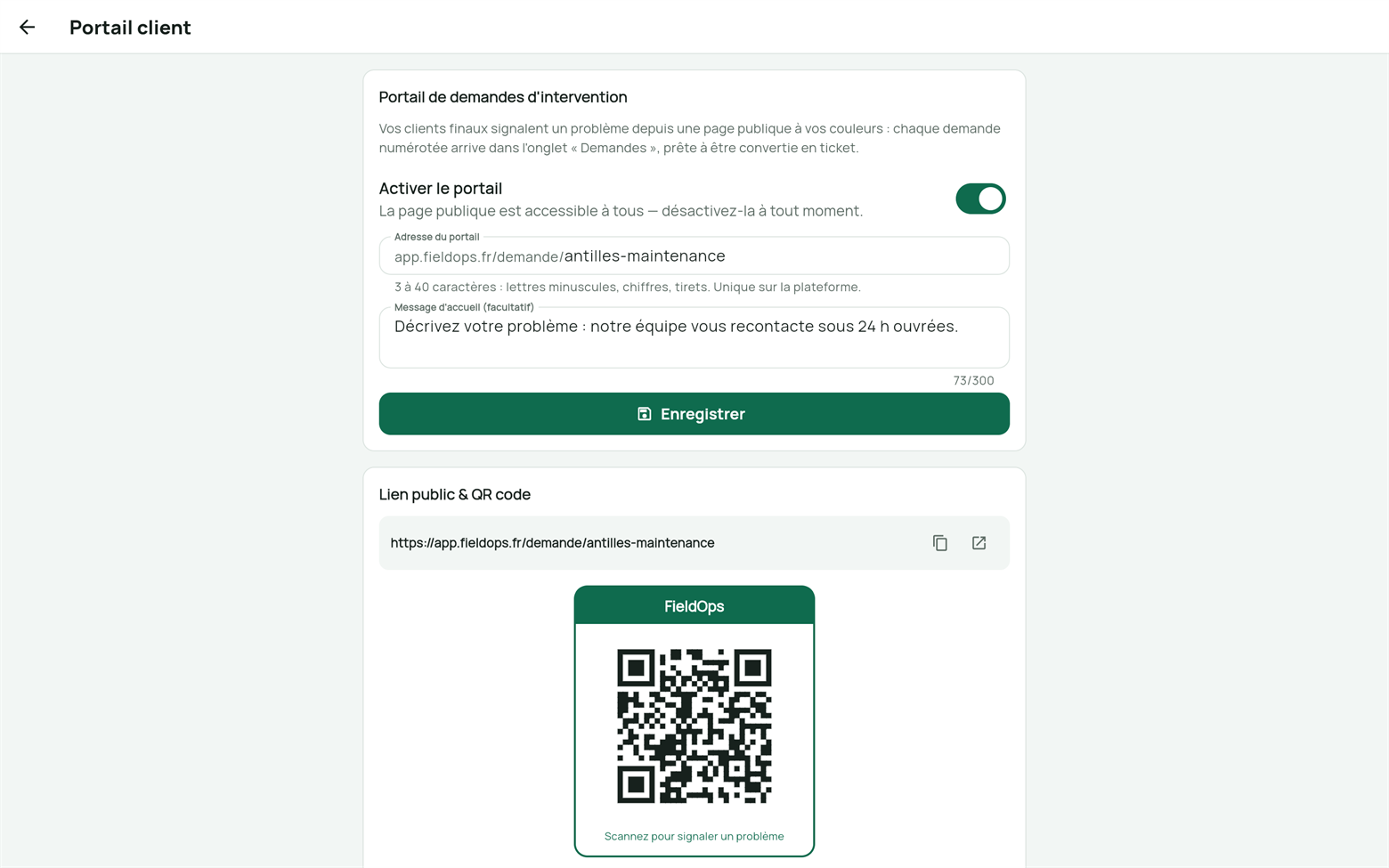 Réglages du portail client : adresse publique, lien et QR code