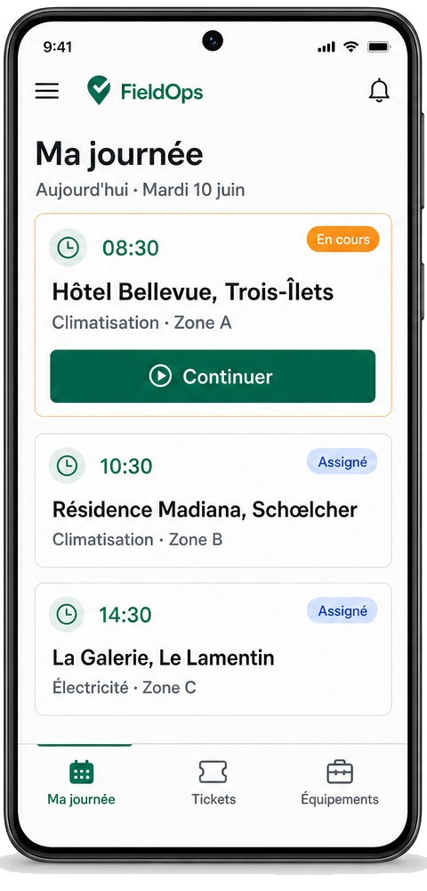 Écran « Ma journée » de FieldOps sur smartphone