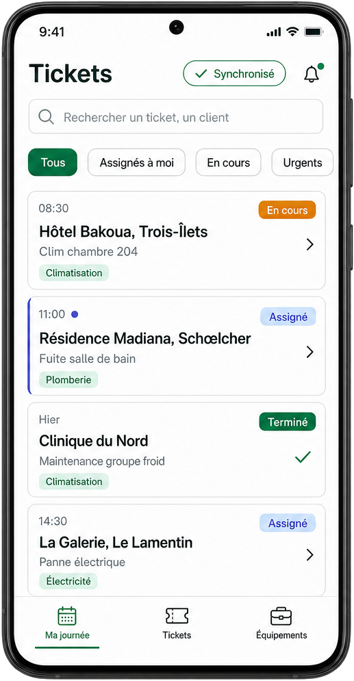 Liste des tickets sur mobile avec pastilles de statut