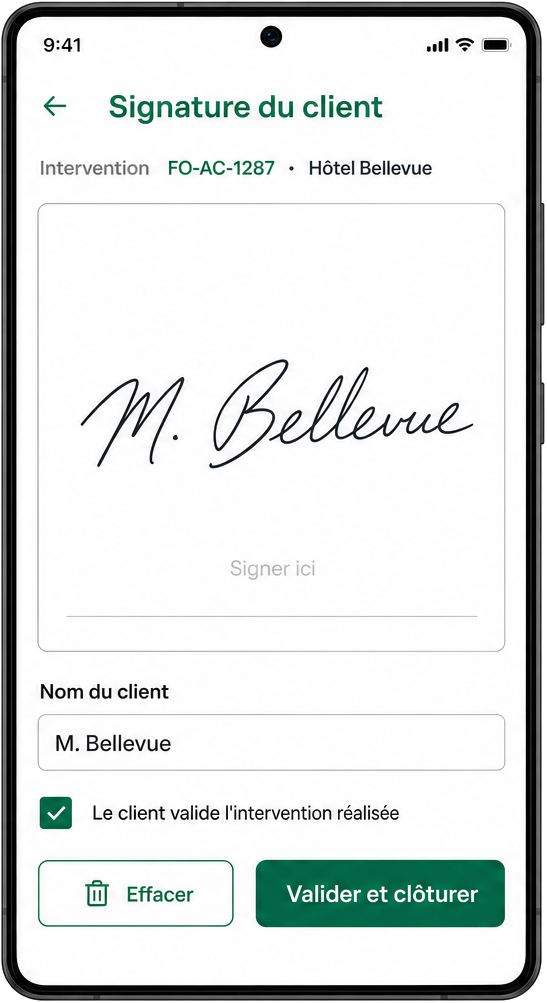 Écran de signature client dans FieldOps